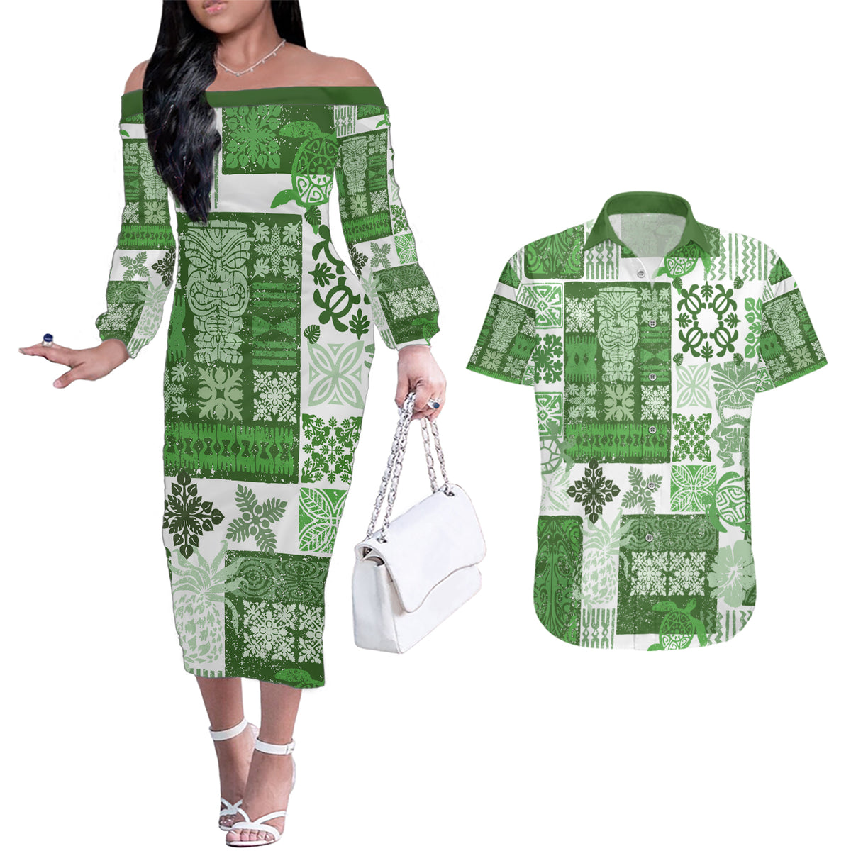 Hawaiian Quilt Couples Matching Off The Shoulder Long Sleeve Dress and Hawaiian Shirt Tiki Tropical Retro Green Version - Wonder Print Shop