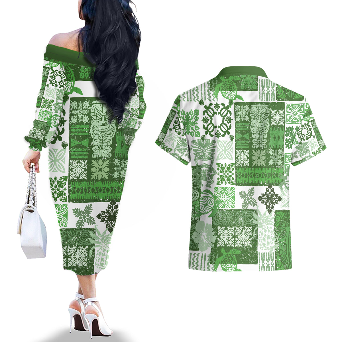 Hawaiian Quilt Couples Matching Off The Shoulder Long Sleeve Dress and Hawaiian Shirt Tiki Tropical Retro Green Version - Wonder Print Shop
