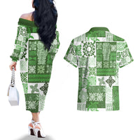 Hawaiian Quilt Couples Matching Off The Shoulder Long Sleeve Dress and Hawaiian Shirt Tiki Tropical Retro Green Version - Wonder Print Shop