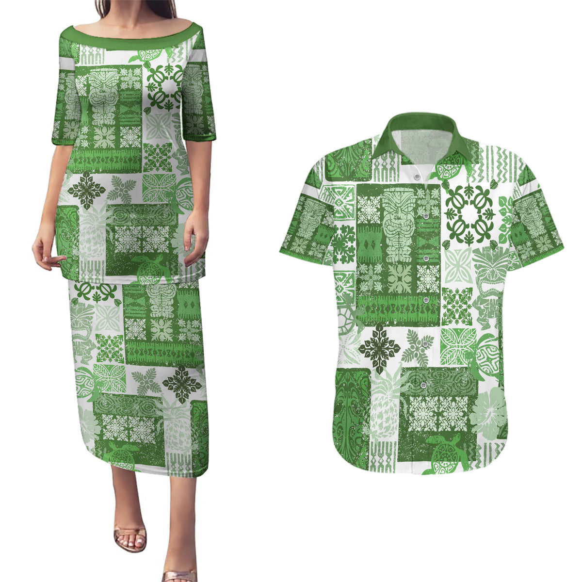 Hawaiian Quilt Couples Matching Puletasi Dress and Hawaiian Shirt Tiki Tropical Retro Green Version - Wonder Print Shop