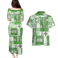 Hawaiian Quilt Couples Matching Puletasi Dress and Hawaiian Shirt Tiki Tropical Retro Green Version - Wonder Print Shop