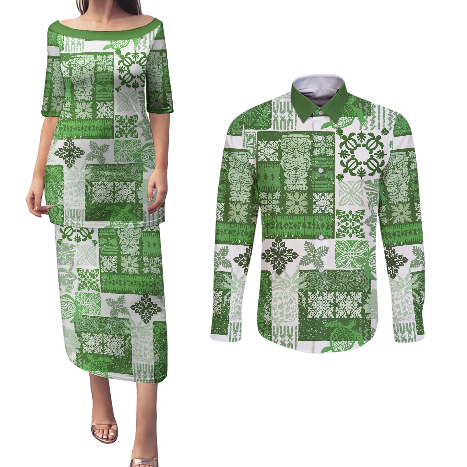 Hawaiian Quilt Couples Matching Puletasi Dress and Long Sleeve Button Shirt Tiki Tropical Retro Green Version - Wonder Print Shop