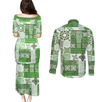 Hawaiian Quilt Couples Matching Puletasi Dress and Long Sleeve Button Shirt Tiki Tropical Retro Green Version - Wonder Print Shop
