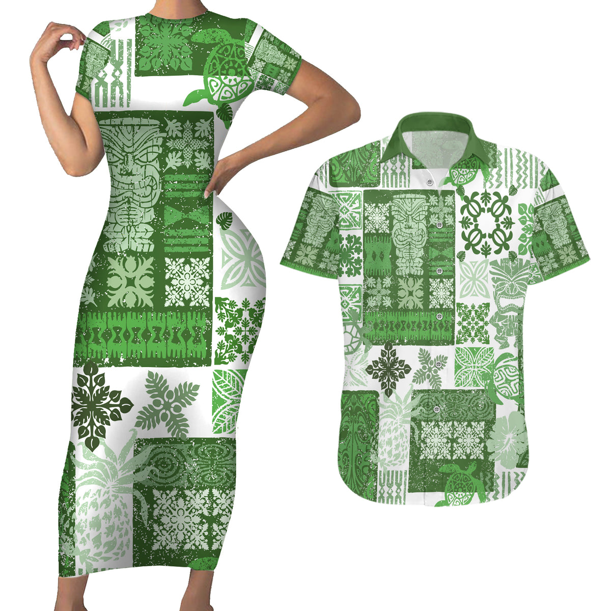 Hawaiian Quilt Couples Matching Short Sleeve Bodycon Dress and Hawaiian Shirt Tiki Tropical Retro Green Version - Wonder Print Shop