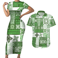 Hawaiian Quilt Couples Matching Short Sleeve Bodycon Dress and Hawaiian Shirt Tiki Tropical Retro Green Version - Wonder Print Shop