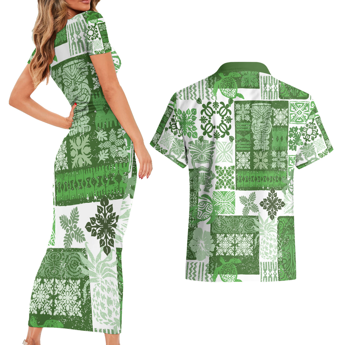 Hawaiian Quilt Couples Matching Short Sleeve Bodycon Dress and Hawaiian Shirt Tiki Tropical Retro Green Version - Wonder Print Shop