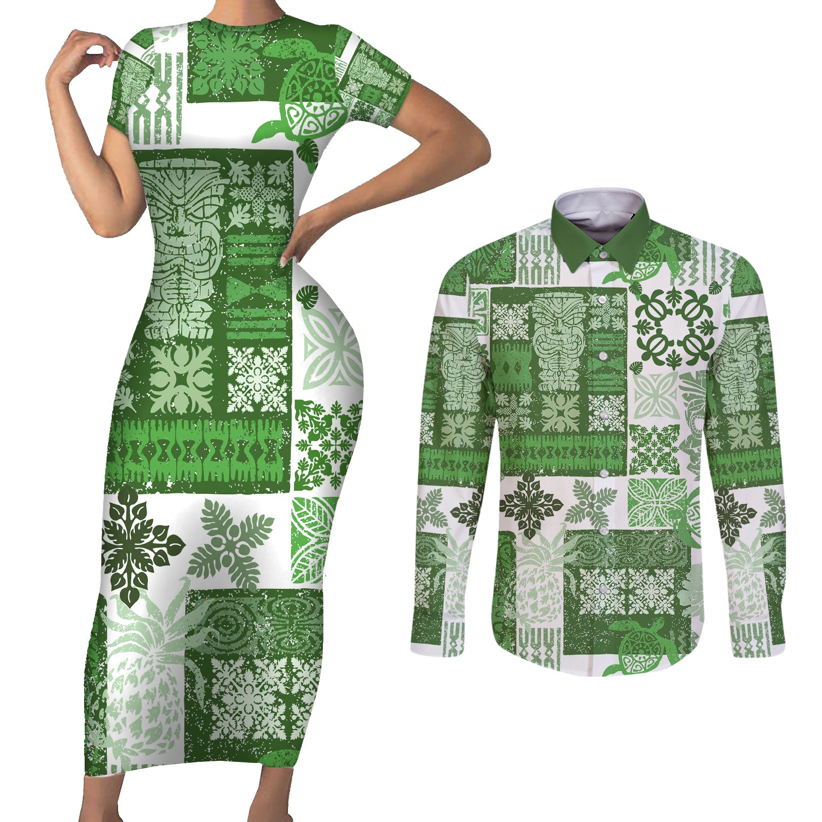 Hawaiian Quilt Couples Matching Short Sleeve Bodycon Dress and Long Sleeve Button Shirt Tiki Tropical Retro Green Version - Wonder Print Shop