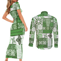Hawaiian Quilt Couples Matching Short Sleeve Bodycon Dress and Long Sleeve Button Shirt Tiki Tropical Retro Green Version - Wonder Print Shop