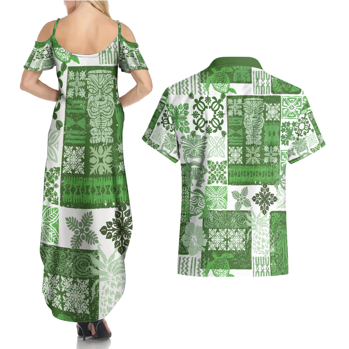 Hawaiian Quilt Couples Matching Summer Maxi Dress and Hawaiian Shirt Tiki Tropical Retro Green Version - Wonder Print Shop