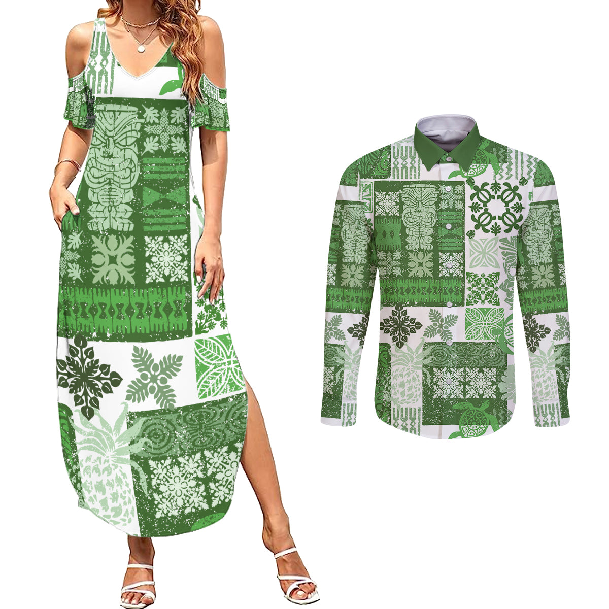 Hawaiian Quilt Couples Matching Summer Maxi Dress and Long Sleeve Button Shirt Tiki Tropical Retro Green Version - Wonder Print Shop