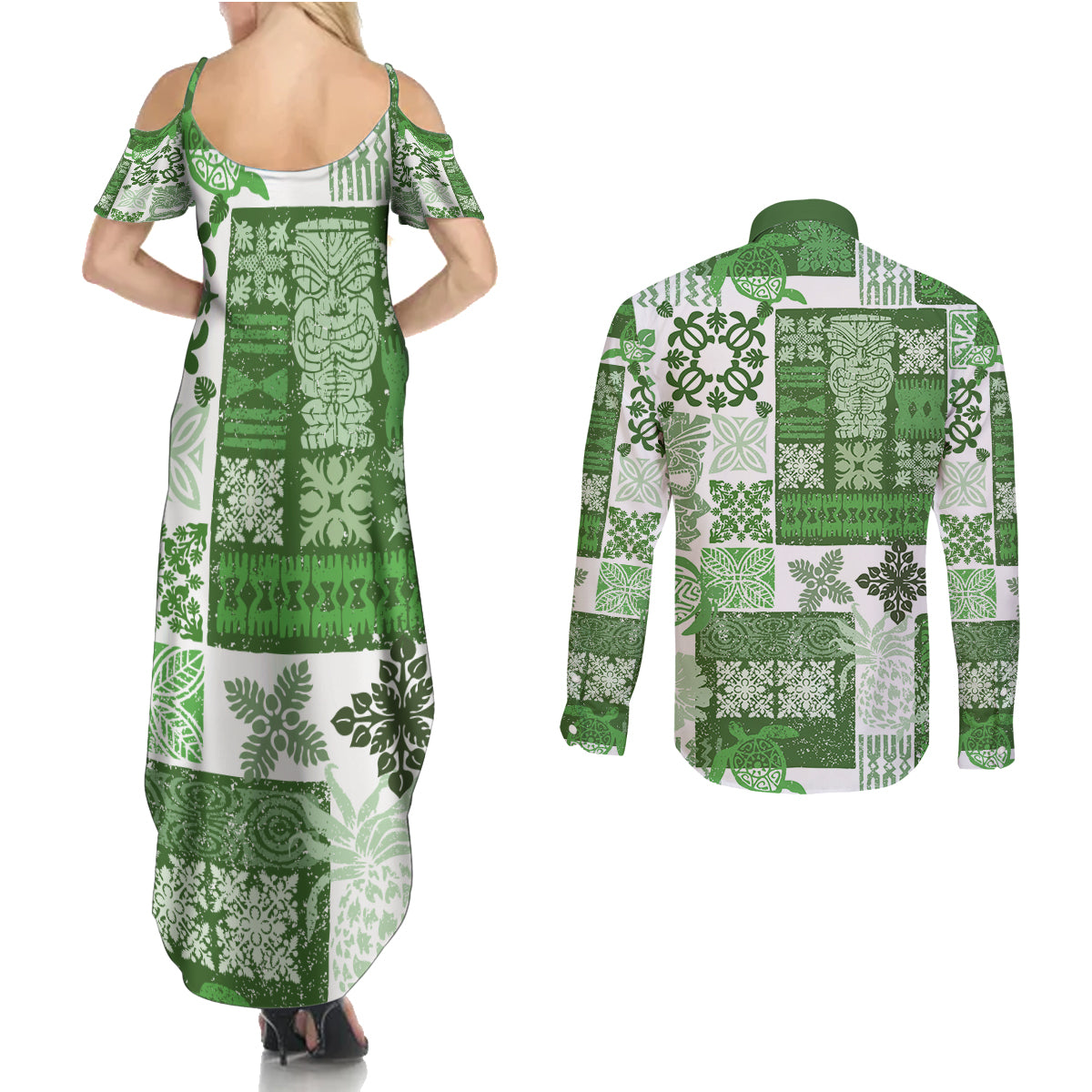 Hawaiian Quilt Couples Matching Summer Maxi Dress and Long Sleeve Button Shirt Tiki Tropical Retro Green Version - Wonder Print Shop