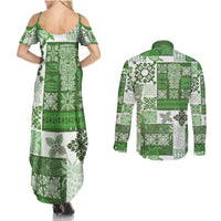 Hawaiian Quilt Couples Matching Summer Maxi Dress and Long Sleeve Button Shirt Tiki Tropical Retro Green Version - Wonder Print Shop