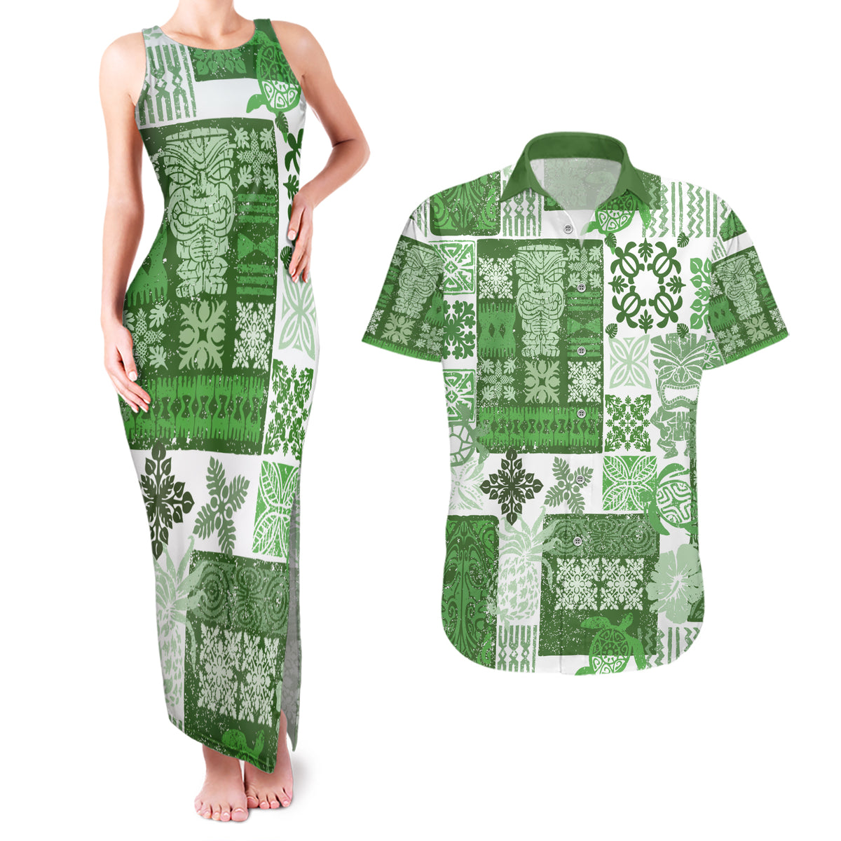Hawaiian Quilt Couples Matching Tank Maxi Dress and Hawaiian Shirt Tiki Tropical Retro Green Version - Wonder Print Shop