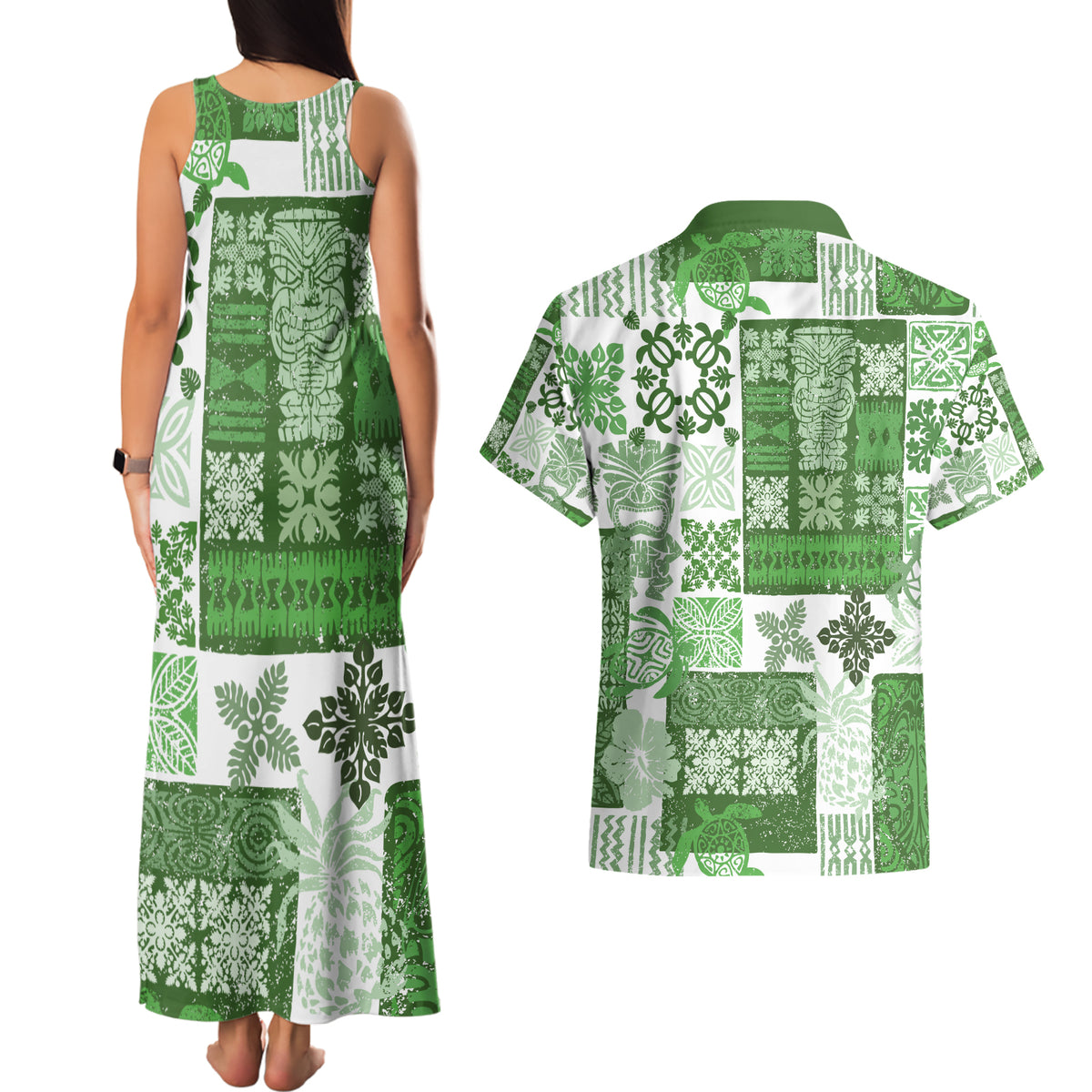 Hawaiian Quilt Couples Matching Tank Maxi Dress and Hawaiian Shirt Tiki Tropical Retro Green Version - Wonder Print Shop