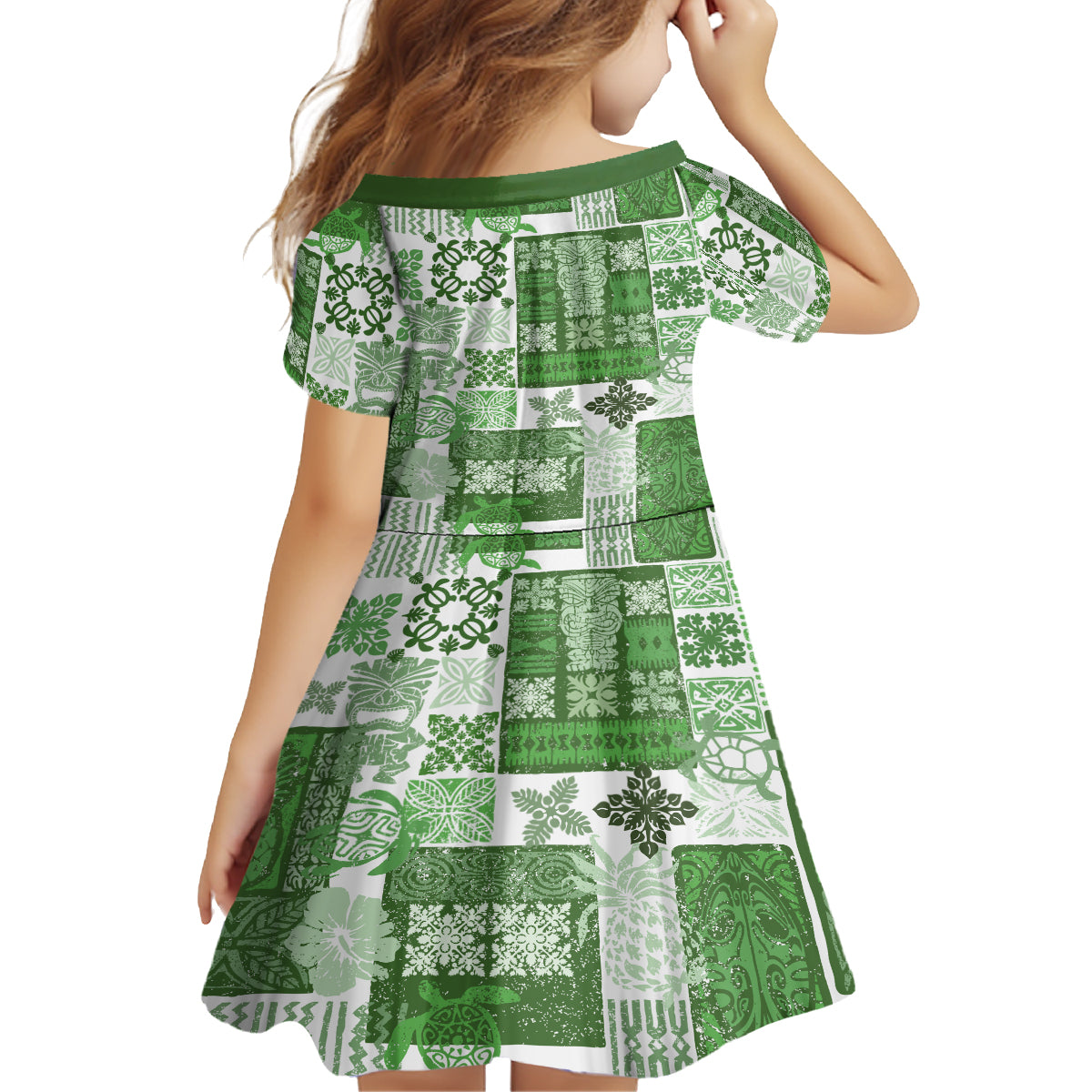Hawaiian Quilt Family Matching Long Sleeve Bodycon Dress and Hawaiian Shirt Tiki Tropical Retro Green Version - Wonder Print Shop