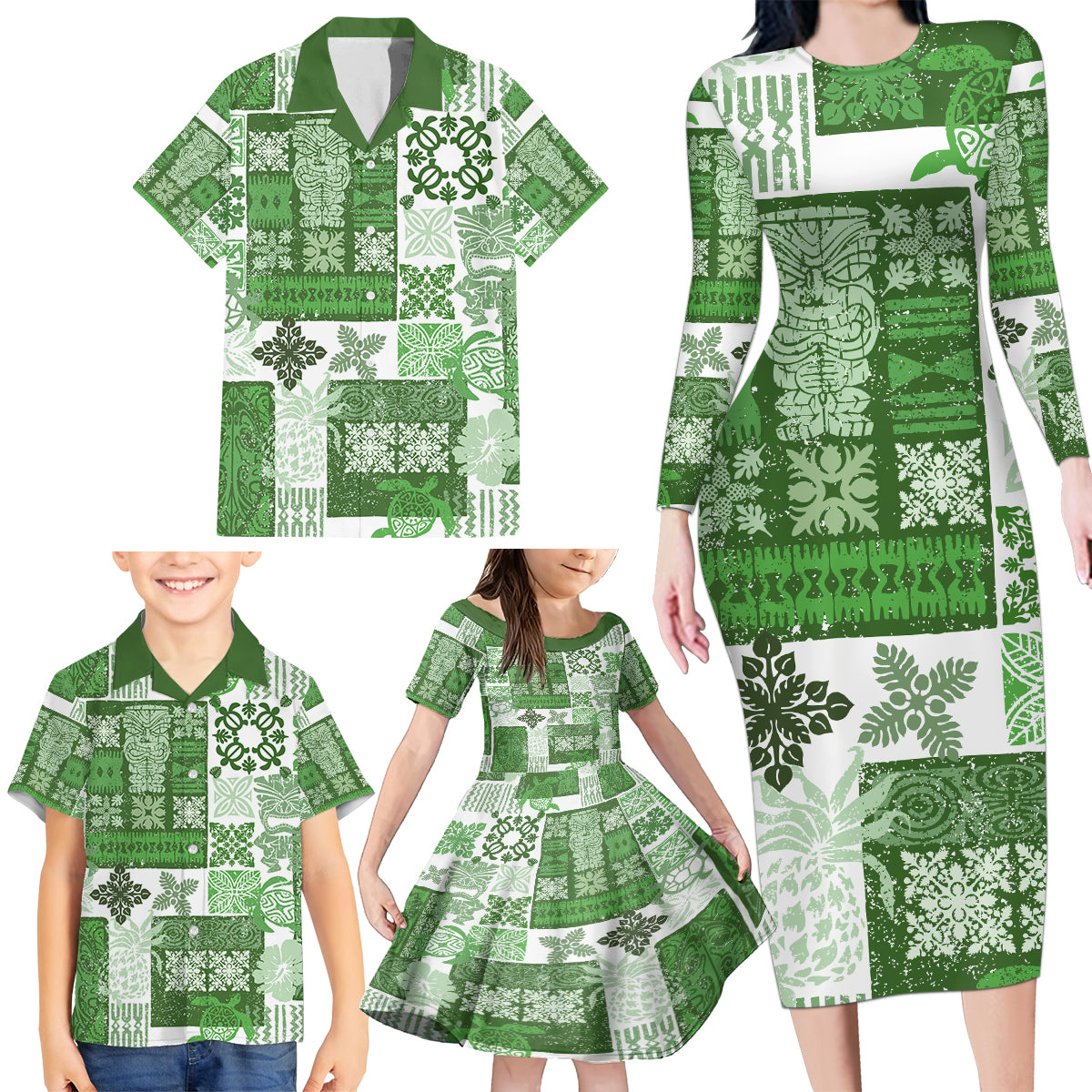 Hawaiian Quilt Family Matching Long Sleeve Bodycon Dress and Hawaiian Shirt Tiki Tropical Retro Green Version - Wonder Print Shop