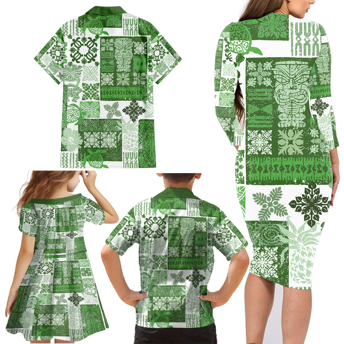 Hawaiian Quilt Family Matching Long Sleeve Bodycon Dress and Hawaiian Shirt Tiki Tropical Retro Green Version - Wonder Print Shop