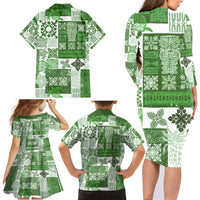 Hawaiian Quilt Family Matching Long Sleeve Bodycon Dress and Hawaiian Shirt Tiki Tropical Retro Green Version - Wonder Print Shop