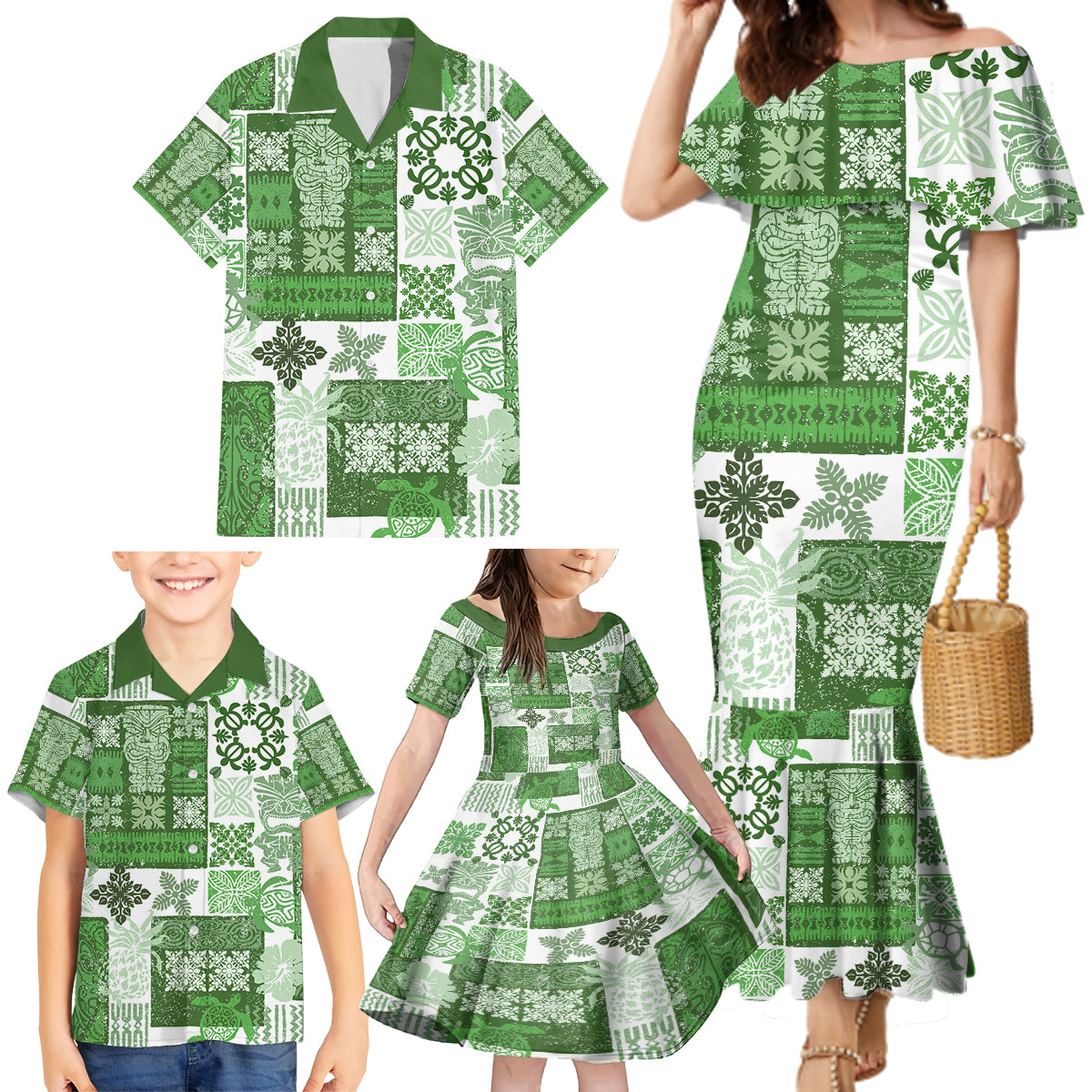 Hawaiian Quilt Family Matching Mermaid Dress and Hawaiian Shirt Tiki Tropical Retro Green Version - Wonder Print Shop