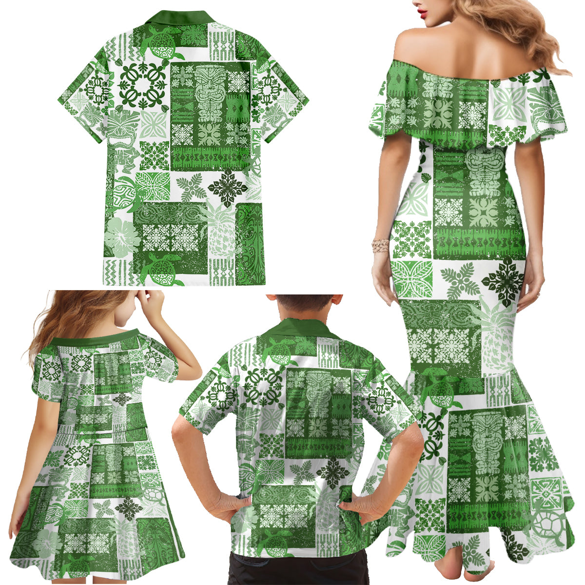 Hawaiian Quilt Family Matching Mermaid Dress and Hawaiian Shirt Tiki Tropical Retro Green Version - Wonder Print Shop