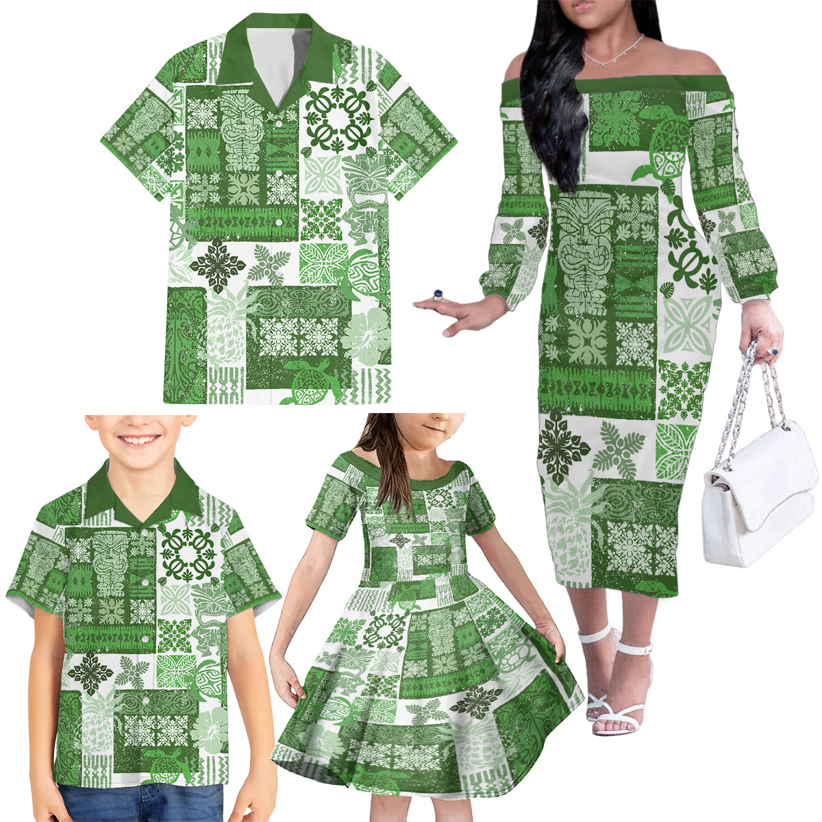 Hawaiian Quilt Family Matching Off Shoulder Long Sleeve Dress and Hawaiian Shirt Tiki Tropical Retro Green Version - Wonder Print Shop