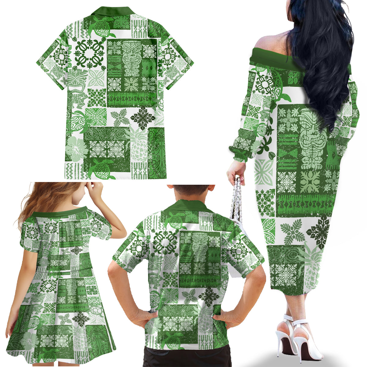 Hawaiian Quilt Family Matching Off Shoulder Long Sleeve Dress and Hawaiian Shirt Tiki Tropical Retro Green Version - Wonder Print Shop