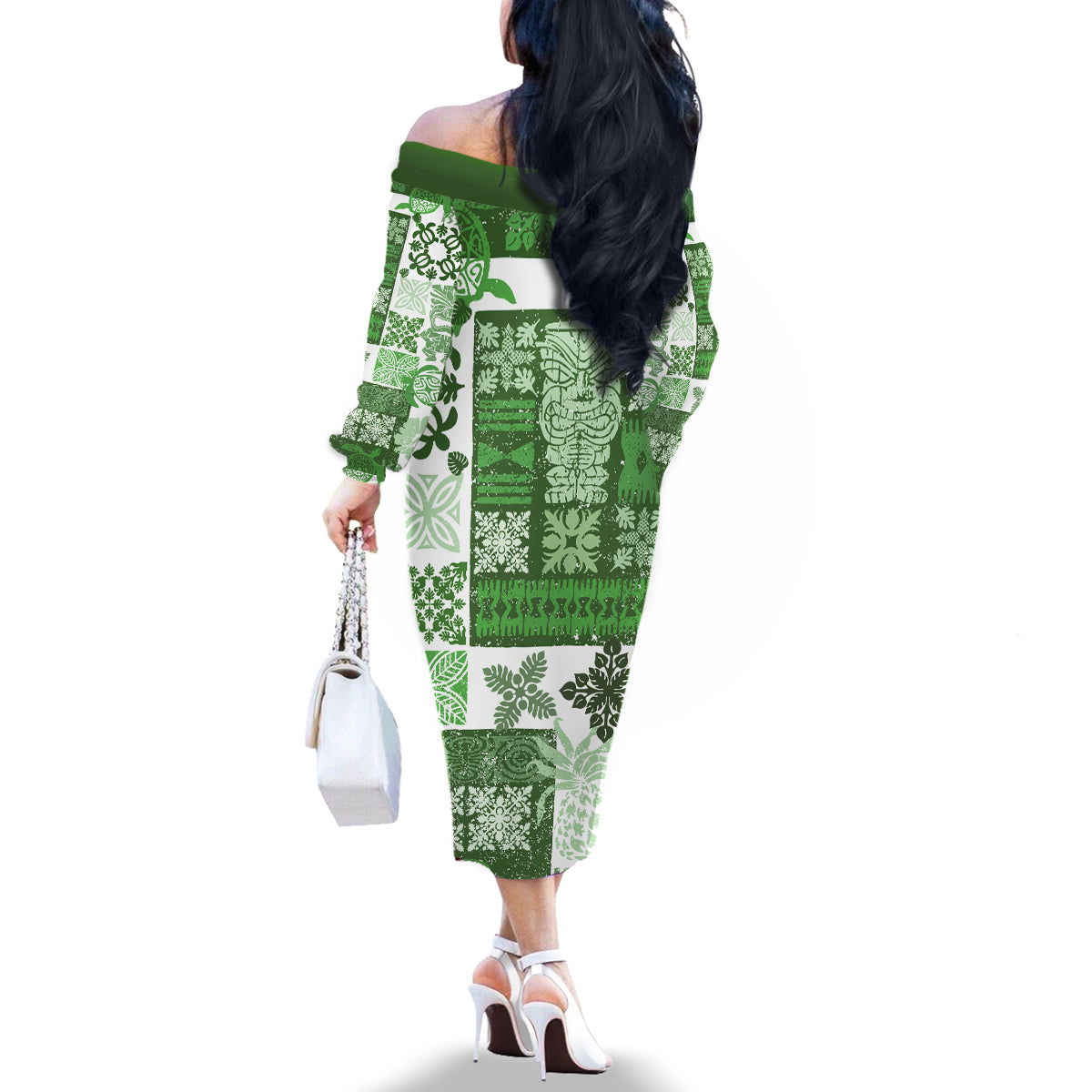 Hawaiian Quilt Family Matching Off Shoulder Long Sleeve Dress and Hawaiian Shirt Tiki Tropical Retro Green Version - Wonder Print Shop