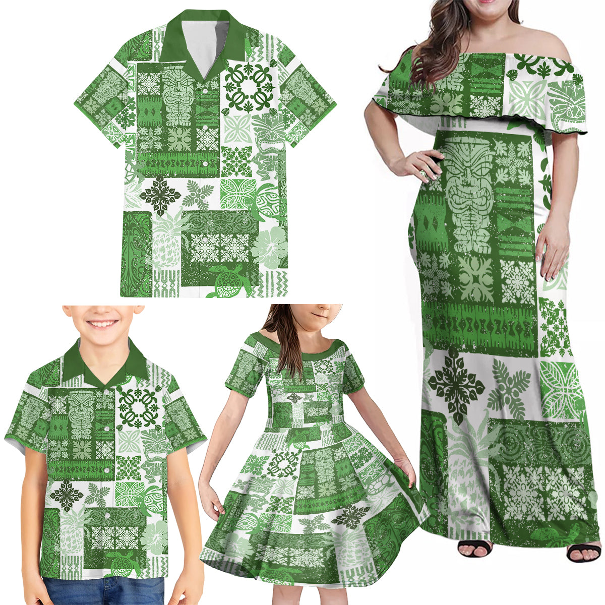 Hawaiian Quilt Family Matching Off Shoulder Maxi Dress and Hawaiian Shirt Tiki Tropical Retro Green Version - Wonder Print Shop