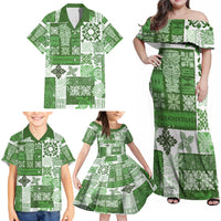 Hawaiian Quilt Family Matching Off Shoulder Maxi Dress and Hawaiian Shirt Tiki Tropical Retro Green Version - Wonder Print Shop