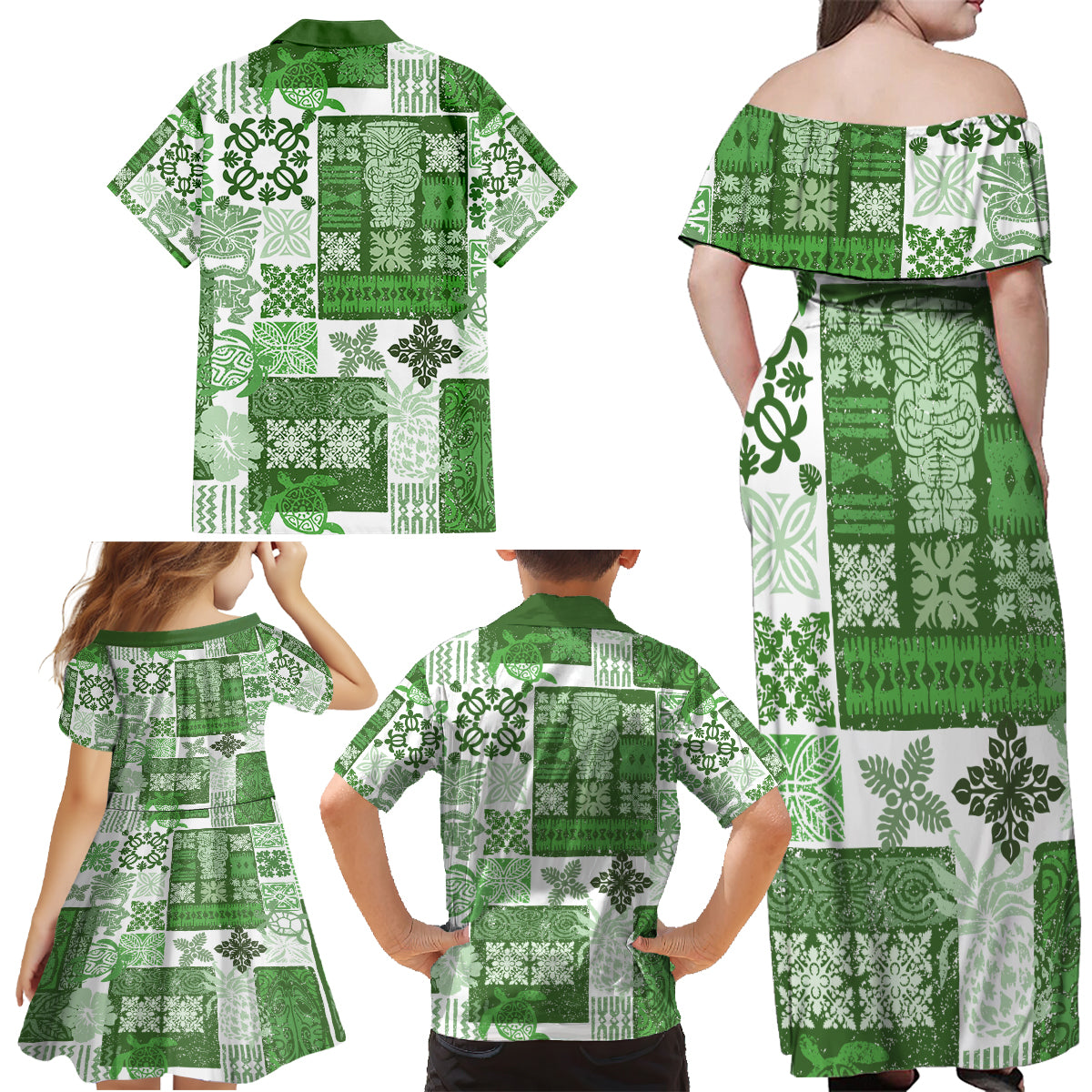 Hawaiian Quilt Family Matching Off Shoulder Maxi Dress and Hawaiian Shirt Tiki Tropical Retro Green Version - Wonder Print Shop