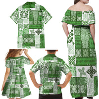 Hawaiian Quilt Family Matching Off Shoulder Maxi Dress and Hawaiian Shirt Tiki Tropical Retro Green Version - Wonder Print Shop