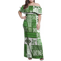 Hawaiian Quilt Family Matching Off Shoulder Maxi Dress and Hawaiian Shirt Tiki Tropical Retro Green Version - Wonder Print Shop
