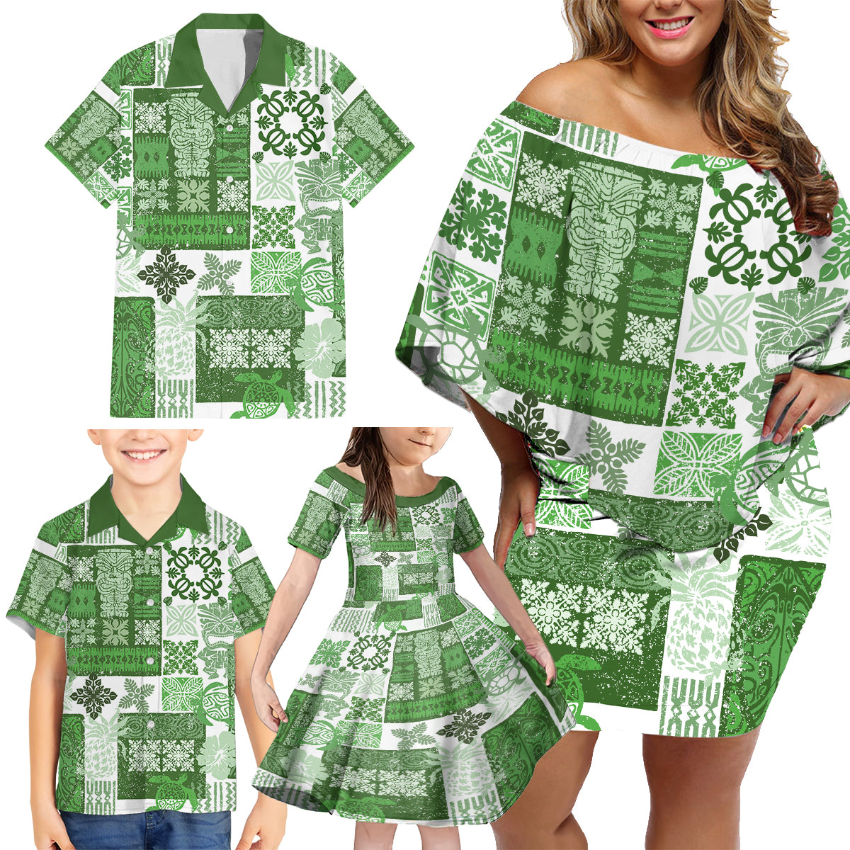 Hawaiian Quilt Family Matching Off Shoulder Short Dress and Hawaiian Shirt Tiki Tropical Retro Green Version - Wonder Print Shop