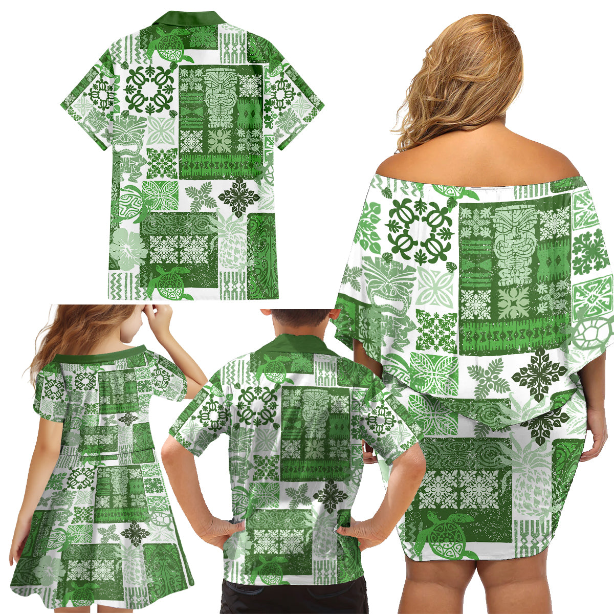 Hawaiian Quilt Family Matching Off Shoulder Short Dress and Hawaiian Shirt Tiki Tropical Retro Green Version - Wonder Print Shop