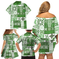 Hawaiian Quilt Family Matching Off Shoulder Short Dress and Hawaiian Shirt Tiki Tropical Retro Green Version - Wonder Print Shop