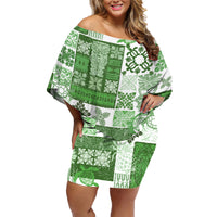 Hawaiian Quilt Family Matching Off Shoulder Short Dress and Hawaiian Shirt Tiki Tropical Retro Green Version - Wonder Print Shop