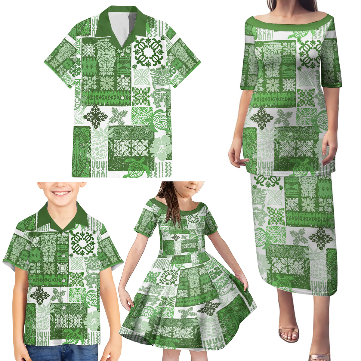 Hawaiian Quilt Family Matching Puletasi Dress and Hawaiian Shirt Tiki Tropical Retro Green Version - Wonder Print Shop