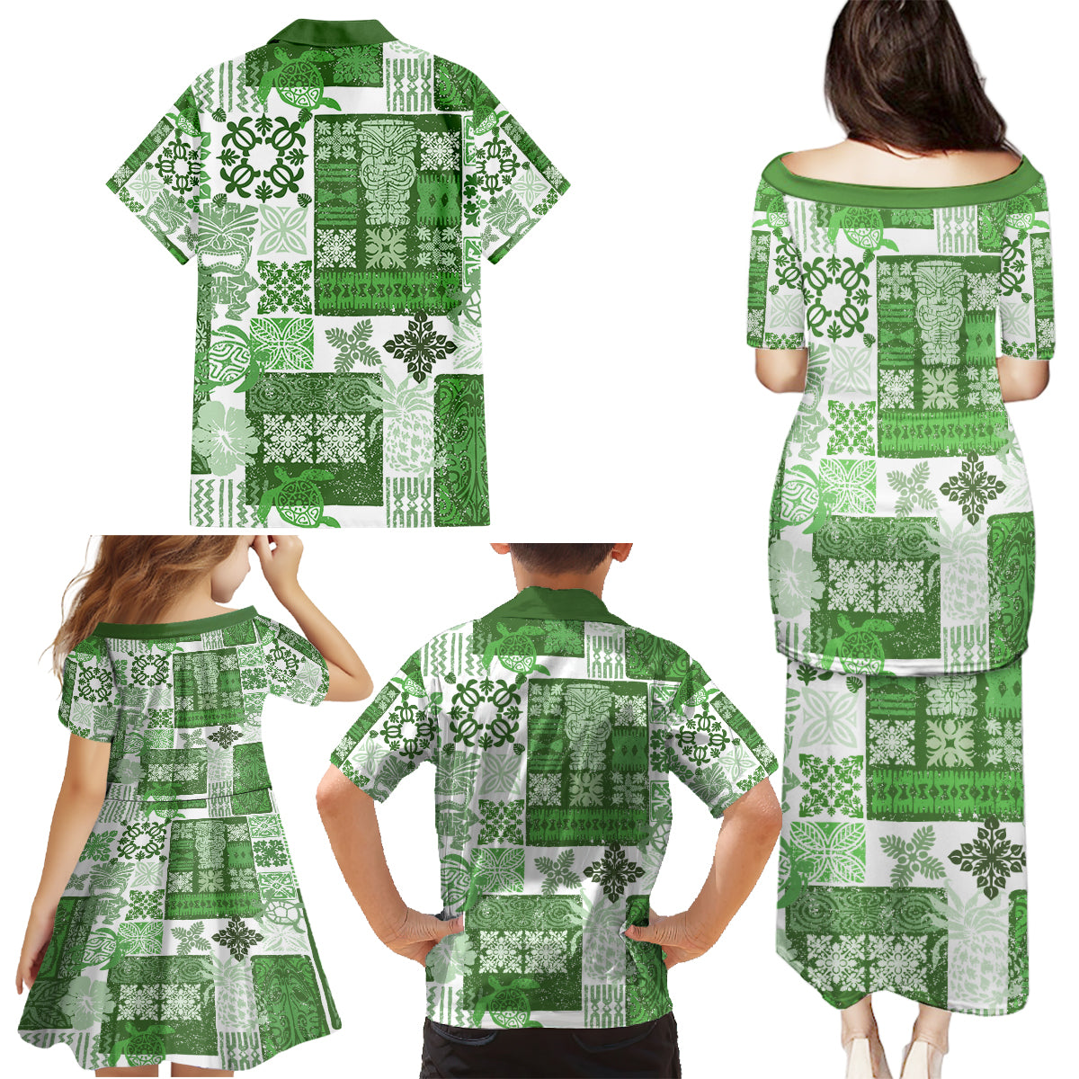 Hawaiian Quilt Family Matching Puletasi Dress and Hawaiian Shirt Tiki Tropical Retro Green Version - Wonder Print Shop