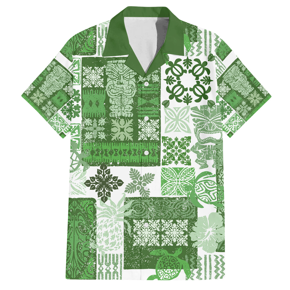 Hawaiian Quilt Family Matching Puletasi Dress and Hawaiian Shirt Tiki Tropical Retro Green Version - Wonder Print Shop