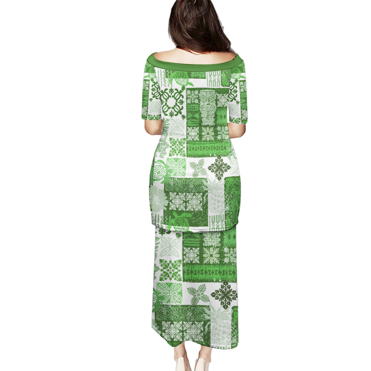 Hawaiian Quilt Family Matching Puletasi Dress and Hawaiian Shirt Tiki Tropical Retro Green Version - Wonder Print Shop