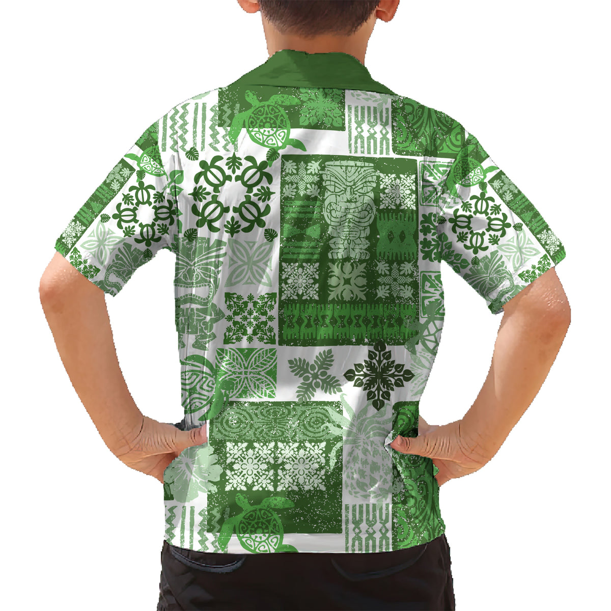 Hawaiian Quilt Family Matching Short Sleeve Bodycon Dress and Hawaiian Shirt Tiki Tropical Retro Green Version - Wonder Print Shop