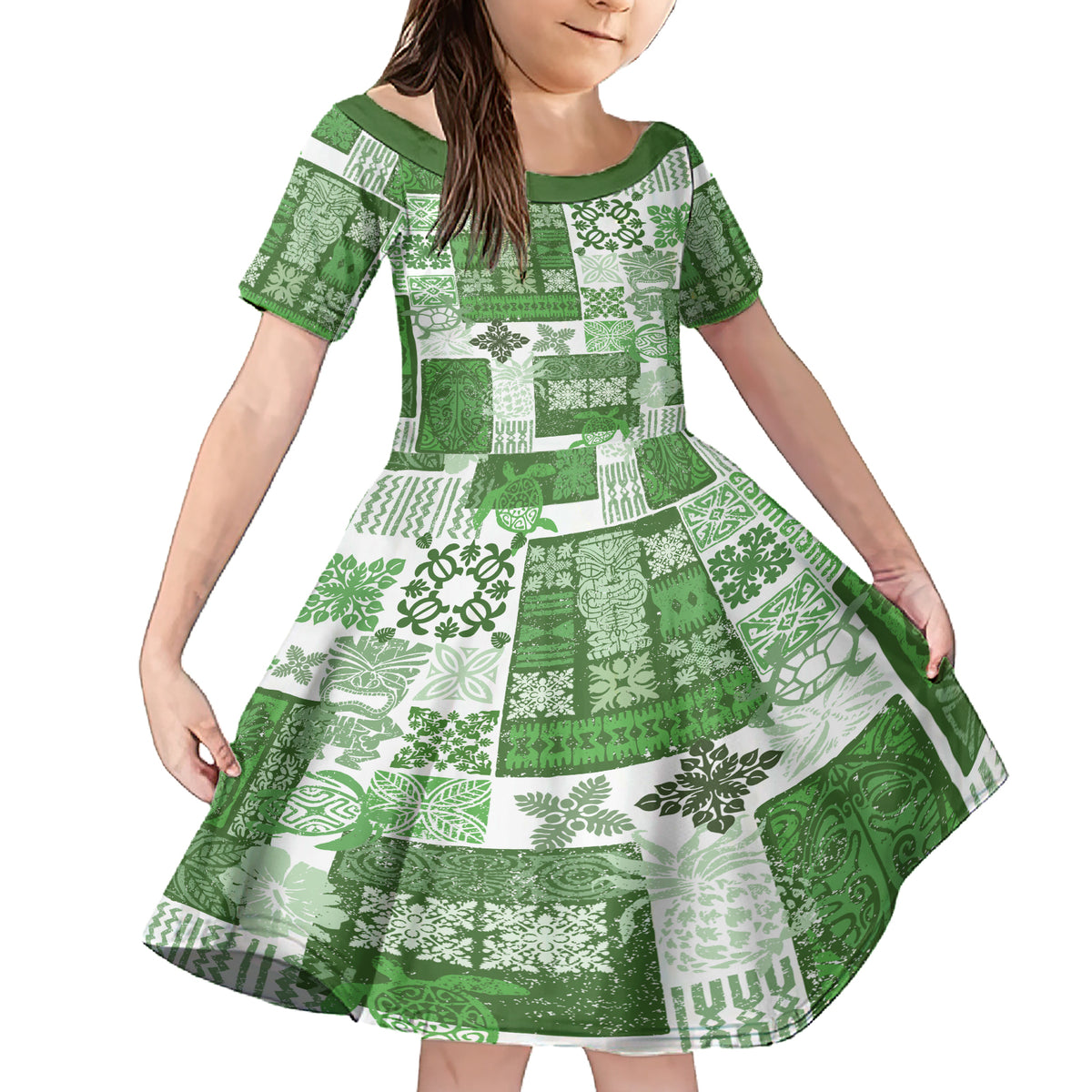 Hawaiian Quilt Family Matching Short Sleeve Bodycon Dress and Hawaiian Shirt Tiki Tropical Retro Green Version - Wonder Print Shop