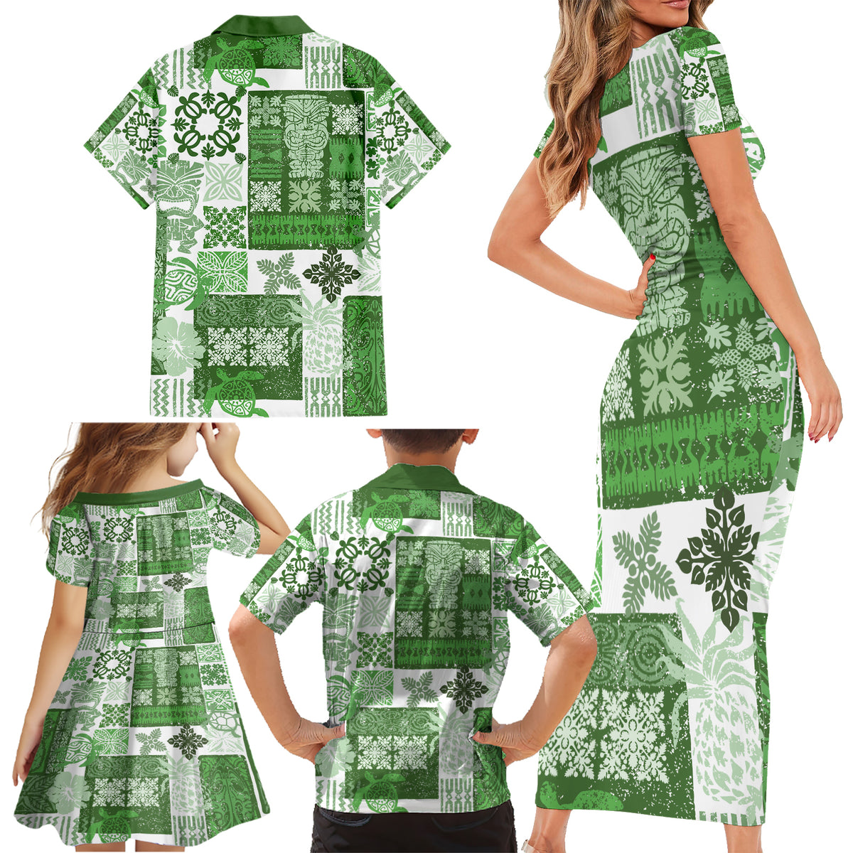 Hawaiian Quilt Family Matching Short Sleeve Bodycon Dress and Hawaiian Shirt Tiki Tropical Retro Green Version - Wonder Print Shop