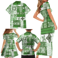 Hawaiian Quilt Family Matching Short Sleeve Bodycon Dress and Hawaiian Shirt Tiki Tropical Retro Green Version - Wonder Print Shop