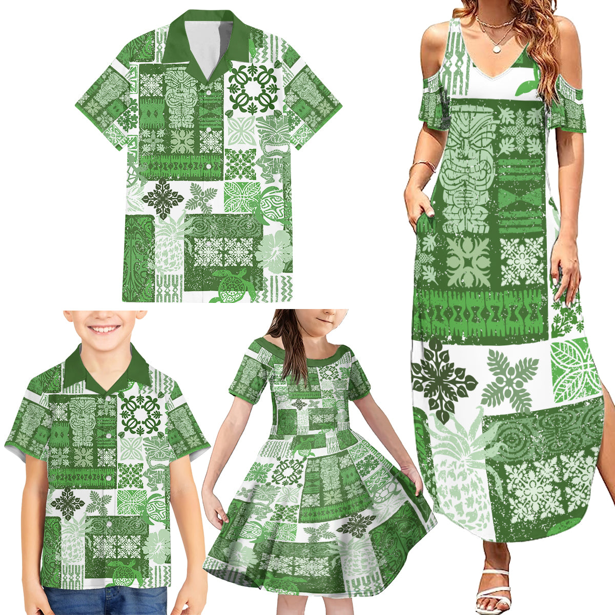 Hawaiian Quilt Family Matching Summer Maxi Dress and Hawaiian Shirt Tiki Tropical Retro Green Version - Wonder Print Shop
