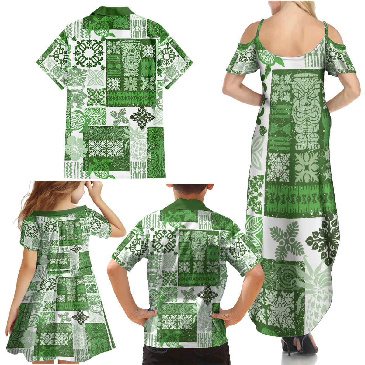 Hawaiian Quilt Family Matching Summer Maxi Dress and Hawaiian Shirt Tiki Tropical Retro Green Version - Wonder Print Shop