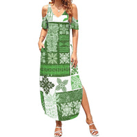 Hawaiian Quilt Family Matching Summer Maxi Dress and Hawaiian Shirt Tiki Tropical Retro Green Version - Wonder Print Shop