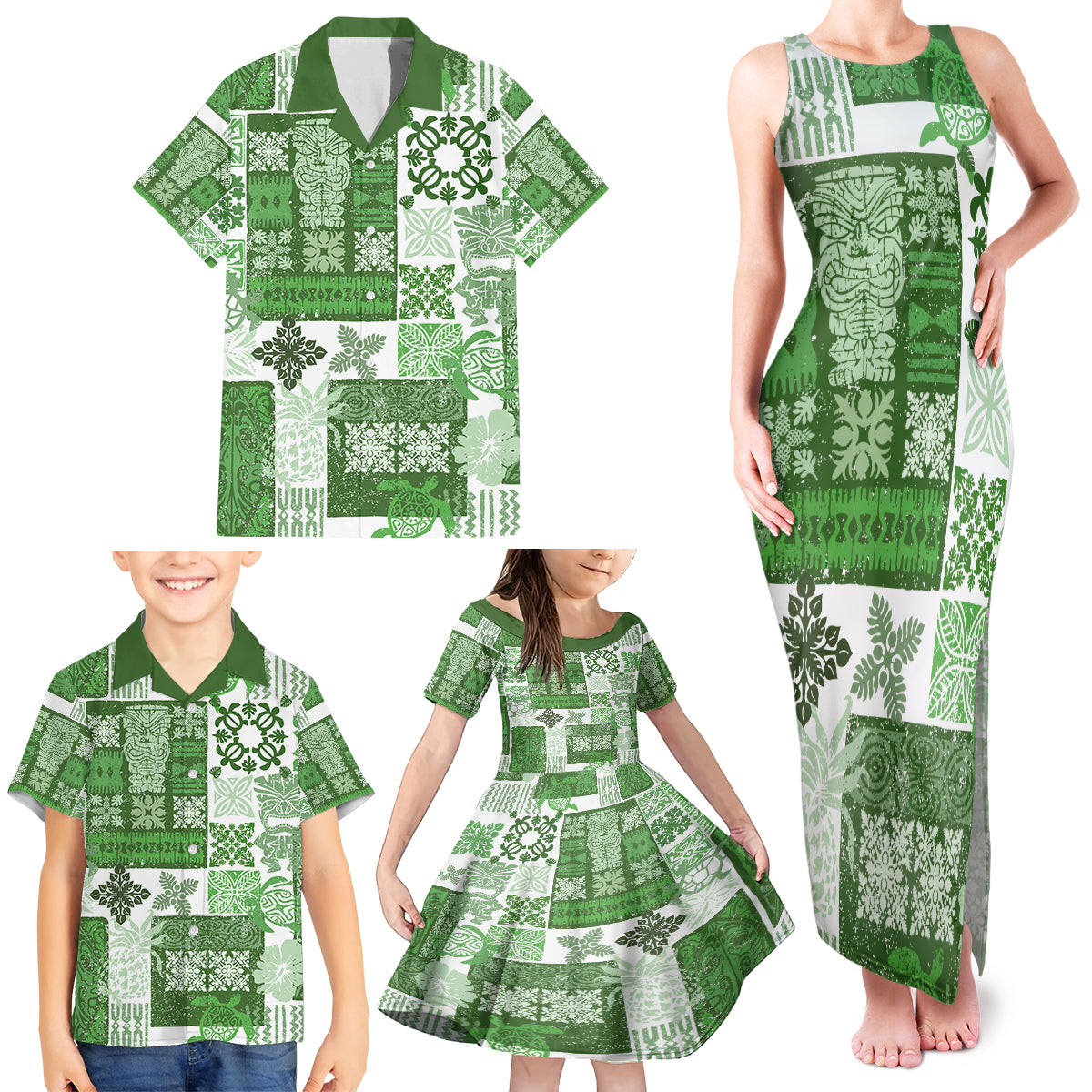 Hawaiian Quilt Family Matching Tank Maxi Dress and Hawaiian Shirt Tiki Tropical Retro Green Version - Wonder Print Shop