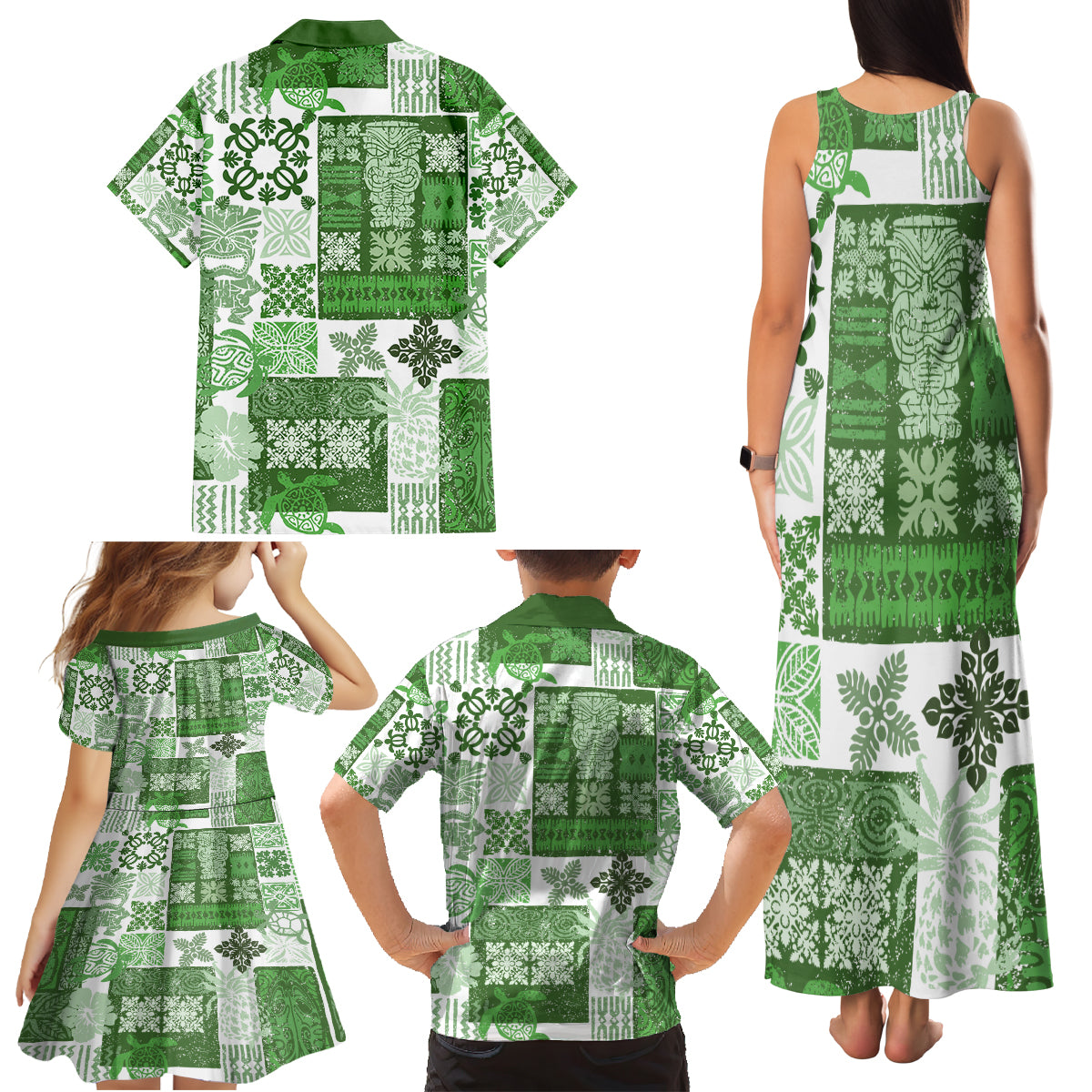 Hawaiian Quilt Family Matching Tank Maxi Dress and Hawaiian Shirt Tiki Tropical Retro Green Version - Wonder Print Shop