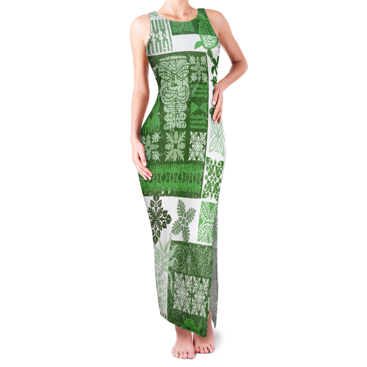Hawaiian Quilt Family Matching Tank Maxi Dress and Hawaiian Shirt Tiki Tropical Retro Green Version - Wonder Print Shop